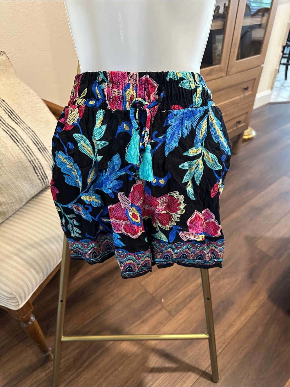 La Blanca Black Floral Embroidered Tassel Waist Shorts
